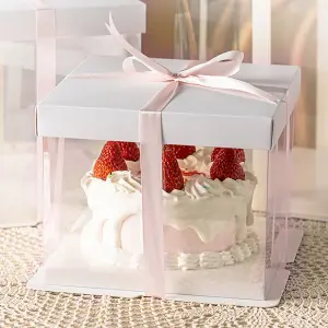 10 Inch Clear Plastic Cake Gift Box with Ribbon 30cm W x 30cm D x 35cm H