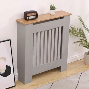 Oypla Small Grey Wooden Slatted Grill Radiator Cover MDF Cabinet