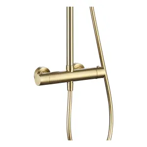 Brushed Brass Shower Overhead Rainfall Rigid Riser Thermostatic Valve Kit