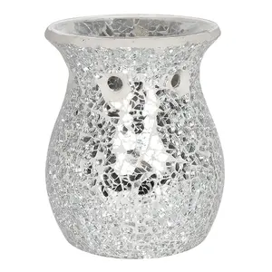 Silver Glass Flared Oil, Wax Melt Burner. Mirrored Crackle Effect. H14 cm