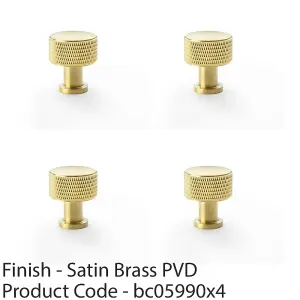 4 PACK - Round Knurled Door Knob - 29mm Diameter Satin Brass Radio Cupboard Pull Handle