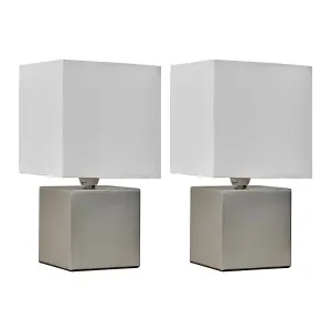 ValueLights Cubbie Pair of Grey Modern Cube Touch Dimmer Bedside Table Lamps with White Shades