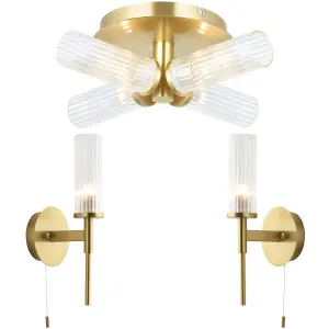 Semi Flush Ceiling Light & 2x Matching Wall Lights - Satin Brass Clear Ribbed Cylinder Shades