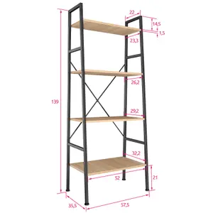 Ladder Shelf Newcastle - industrial style, with 4 shelves, 57.5 x 35.5 x 139 cm - industrial wood light, oak Sonoma