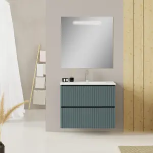 Banyetti Linea Ocean Blue Ribbed Double Drawer Wall Hung Vanity Unit 800mm x 390mm