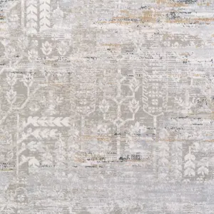 Grey Gold Metallic Floral Motif Distressed Living Area Rug 80x150cm