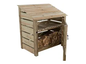 Slatted wooden log store with door and kindling shelf W-99cm, H-126cm, D-88cm - natural (light green) finish