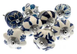 MangoTreeKnobs - Mixed Set of Blue & White Vintage Style Ceramic Cupboard Knobs x Pack 8 (MG-713)