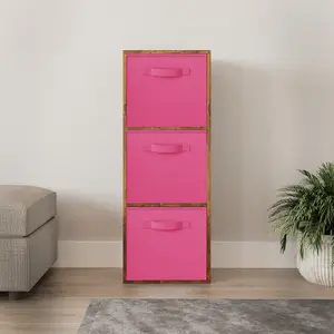 URBNLIVING 80cm Height Rustic Brown 3-Tier Cube Shelving Unit with Dark Pink Inserts