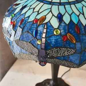 Tiffany Glass Table Lamp Light Dark Bronze Base & Blue Dragonfly Shade i00192