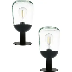 2 PACK IP44 Outdoor Pedestal Light Black Aluminium & Glass 60W E27 Wall Post