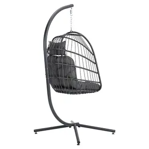 Black Foldable Rattan Egg Swing Chair Garden Relaxing Hanging Chair with Metal Stand and Cushions 195 cm