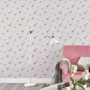 Galerie Pretty Prints Grey/Pink Hortensia Floral Trail Wallpaper Roll