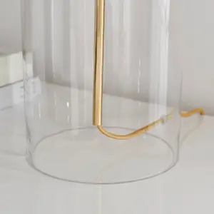 NORA Contemporary Clear Glass Table Lamp With Gold Chrome Details and White Shade Including A Rated Energy Efficient LED Bulb