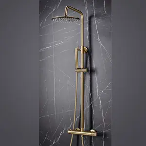 Brushed Brass Thermostatic Rigid Riser Shower Kit Diamond Cut Handles