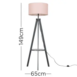 ValueLights Morrigan Grey Wood Tripod Design Floor Lamp with Storage Shelf and Pink Drum Shade