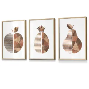 Set of 3 Framed  Framed Geometric Wood Grain Effect Fruit / 30x42cm (A3) / Oak