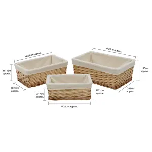 JVL Hand Woven Acacia Set of 3 Rectangular Willow Storage Baskets with Lining, Honey Finish