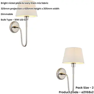 2 PACK Indoor Bright Nickel Plate Wall Light - Ivory Linen Mix Fabric Shade - Dimmable 10W LED E27