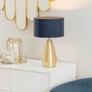 ValueLights Jax Gold Metal Touch Dimmer Table Lamp with Navy Blue Drum Shade