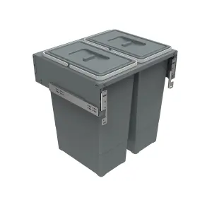 600mm Grey Cabinet Bin Side Mounted 2 x 45L Integrated Pull Out Waste Recycling