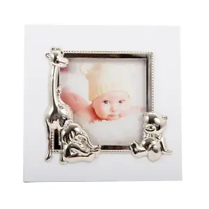 Small White Baby Photo Frame with Silver Plated Giraffe Elephant and Teddy Bear