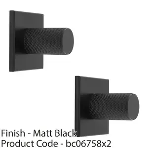 2 PACK - Knurled Cylinder Cabinet Door Knob & Matching Backplate - Matt Black 40 x 40mm