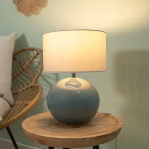 ValueLights Bosco Eucalyptus Ceramic Table Lamp with Natural Drum Shade - LED Bulb Included