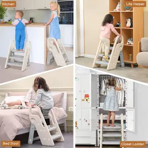 Adjustable 3 Step Stool, Grey&White Kitchen Standing Tower