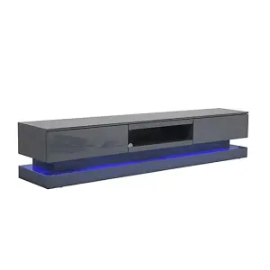 Step TV Stand With Storage for Living Room and Bedroom, 1800 Wide, LED Lighting, Media Storage, Grey High Gloss Finish