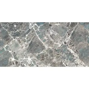 Ethos Polished Green Stone Effect Porcelain Wall & Floor Tile - Pack of 16 Tiles, 11m² - (L)600(W)1200mm