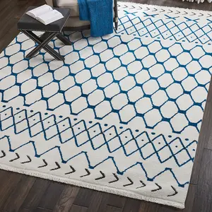 White Blue Shaggy Modern Moroccan Geometric Rug Easy to clean Living Room Bedroom and Dining Room-282cm X 389cm