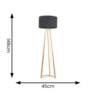 ValueLights Lottie Natural Wood Tripod Floor Lamp with Charcoal Grey Drum Shade - LED Bulb Included