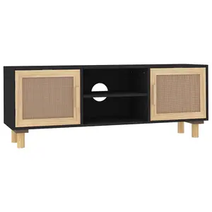 Berkfield TV Cabinet Black 105x30x40 cm Solid Wood Pine&Natural Rattan