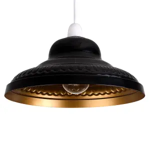 ValueLights Delta Vintage Retro Style Gloss Black and Gold Metal Easy Fit Ceiling Pendant Lamp Shade