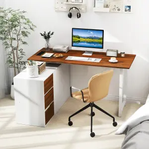 COSTWAY L-Shaped Desk with File Cabinet Reversible Corner Computer Desk with 3 Drawers