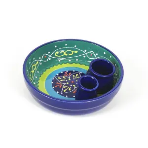 Classic Spanish Hand Painted Pattern Kitchen Dining Round Olive Dish (Diam) 15cm Blue/Green