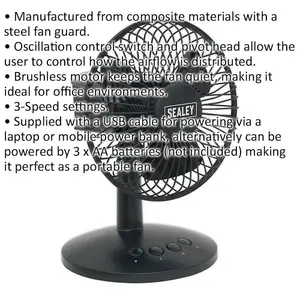 6 Inch Oscillating USB Desk Fan - 3 Speed Settings - Personal Desktop Cooler