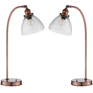 2 PACK Industrial Curved Table Lamp Tarnished Copper Glass Modern Bedside Light