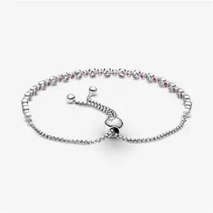 Pandora Pink & Clear Sparkle Slider Bracelet - Silicone / Sterling Silver / Mixed Stone / Pink - Sz. 25 cm