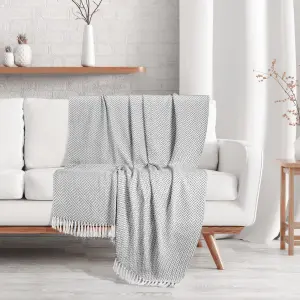 EHC Herringbone Cotton Throw for Double bed Sofa Couch,150 x 200 cm, Grey