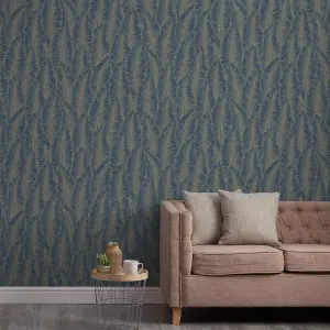 Grandeco Palmeria Palm Leaves Blown Wallpaper, Navy