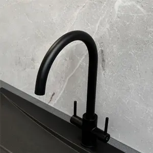 Liquida AD398MB Swan Neck Twin Lever Kitchen Mixer Tap In Matt Black