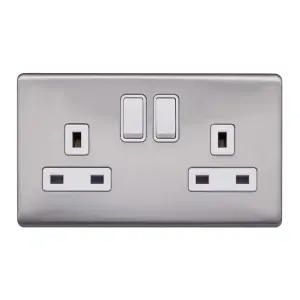 Brushed Chrome Screwless Plate  13A 2 Gang Switched Plug Socket, Double Pole - White Trim - SE Home