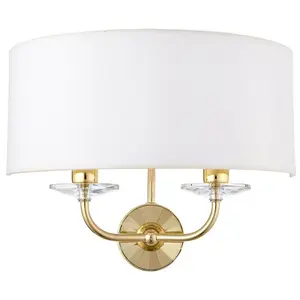 Dimmable Twin Wall Light Brass Glass White Fabric Shade Curved Arm Lamp Fitting