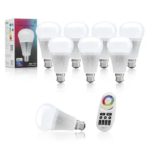 Auraglow 2.4Ghz RGB CCT Smart B22 LED Light Bulb - 70w EQV with 4 Zone Remote - 8 PACK