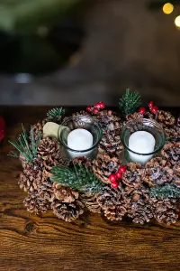 Christmas Candle Holder Tea Light Glass Votive Pine Cone Home Decor Berries Xmas