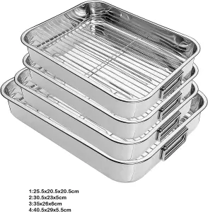 New 4 Pcs Professional Stainless Steel Roasting Trays with Removable Rack Pan Kitchen Cooking Baking Sturdy Handles Built to Last