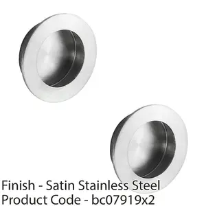 2 PACK - Large Recessed Sliding Door Flush Pull - 80mm Round 12mm Depth Satin Steel