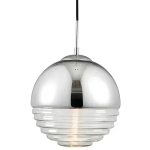 Hanging Ceiling Pendant Light CHROME & RIBBED GLASS Sphere Ball Lamp Bulb Holder